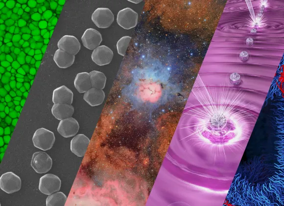 Five images depicting different areas of research in the mathematical and physical sciences, including materials, chemistry, astronomy, math and physics