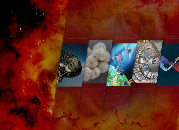 Orange nebulous star clusters with five overlay collage images featuring various facilities and science graphics representing each of the five major divisions of MPS: Astronomical Sciences, Materials Sciences, Chemistry, Physics, and Mathematics.