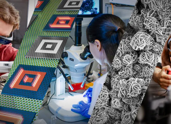 A collage of images showing scientists conducting materials research and close up images of advanced materials.