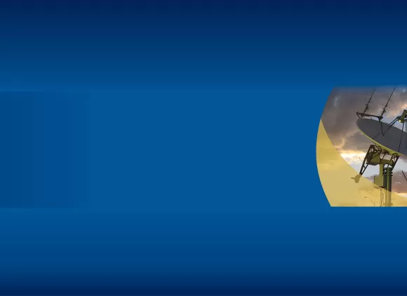 banner with blue background with cropped image of a woman standing in front of a telescope