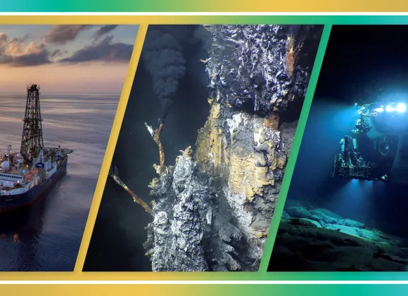 A trio of images: On left, a photo of an ocean-drilling ship at dusk. In the center, an image of a deep sea vent emitting a dark, smoky substance. On right, a deep-sea submersible surrounded by darkness.