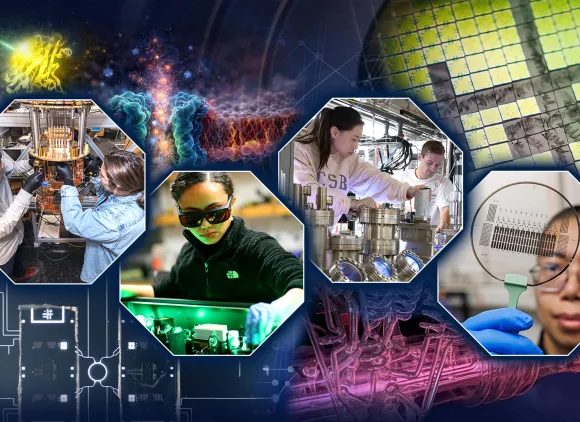 A collage showing multiple researchers in labs and close up images of circuits and other objects.