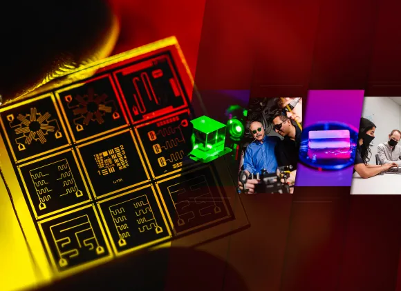 A close-up view of a quantum chip with collage overlay of images featuring various researchers and scientific objects.