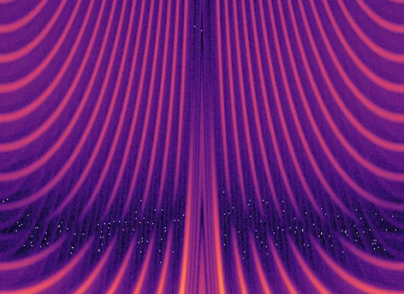 A symmetrical series of curved, pinkish and orange lines against a dark background, pointing downward and radiating outward at the bottom of the image.