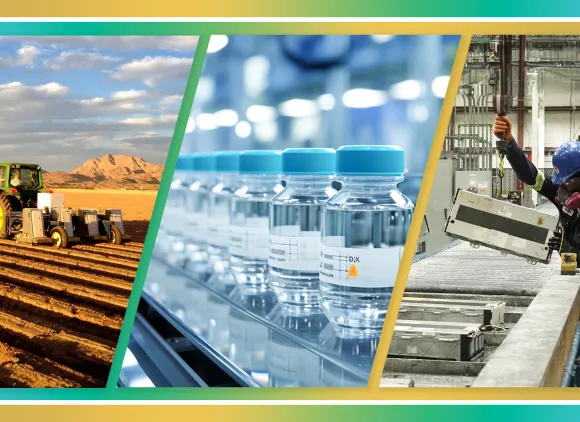 A composite image. Left image of a tractor (Lettuce thinning robot "LettuceBot 2") Center image vials of liquid medication in production line, pharmaceutical manufacturing. Right image of a female factory worker handling spent batteries.