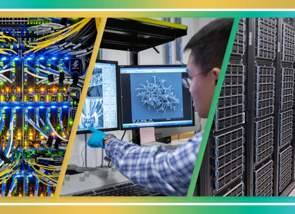 Cables connected to a glowing supercomputer, a researcher pointing at a computer monitor, and columns of supercomputer racks/cabinets.
