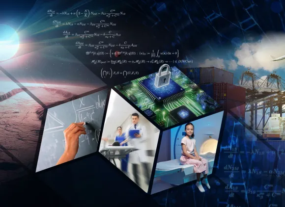 A collage of images showing a planet, equations, computer chip, doctors, a child patient next to an MRI machine, shipping containers, a freight truck and a jet.