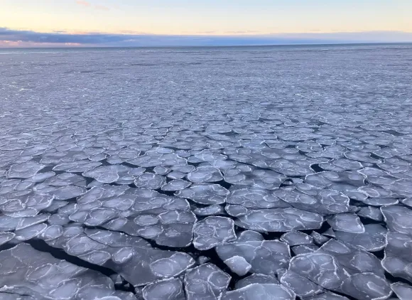   “Pancake sea ice” formations floating in the Chukchi Sea during sunset