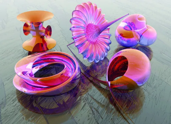 An illustration of five unusually shaped objects with a glassy, reddish-pink reflective surfaces.