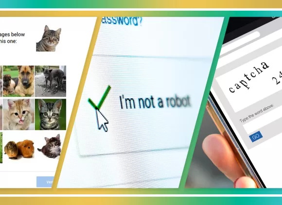A composite image. Left image of a grid of images used in a CAPTCHA test. Center image of a screenshot of a CAPTCHA test with text that says "I'm not a robot" and a green checkmark. Right image of a phone with a CAPTCHA test.