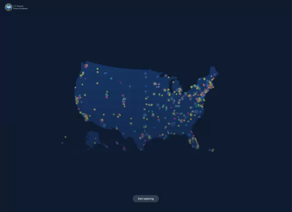 illustration of the United States with colored dots pinging data information