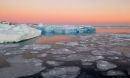 Ice floats on top of a body of water in front of a pink sky 