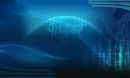 A blue globe centered on the USA with binary numbers and biological structures