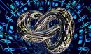 In this illustration, an object called a trefoil knot hovers amidst superconducting qubit chips.