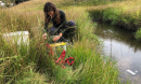 Joanna Blaszczak by a stream setting up sensors