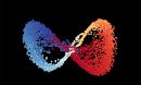 An infinity symbol formed by clusters of tiny, multicolored dots