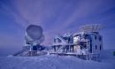 NSF's South Pole Telescope and Background Imaging of Cosmic Extragalactic Polarization telescopes at twilight in the Dark Sector at South Pole Station