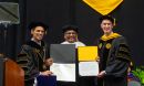 SF Director Sethuraman Panchanathan (center) receives an honorary degree from VCU President Michael Rao, Ph.D., (left) and Todd Haymore, rector of the VCU Board of Visitors (right).
