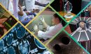 An image composite showing someone using a cellphone, someone receiving medical treatment, a researcher in a lab, an illustration of two black holes, MRI scans, and other science-related imagery.