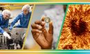 collage of imagery including two scientists, a small motherboard chip, and close up of black hole