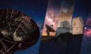 Collage showing landscape images of several NSF funded astronomy research facilities under the starry sky