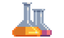 8-bit-style illustration of Erlenmeyer flasks with orange and pinkish liquid.