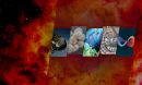 Orange nebulous star clusters with five overlay collage images featuring various facilities and science graphics representing each of the five major divisions of MPS: Astronomical Sciences, Materials Sciences, Chemistry, Physics, and Mathematics.