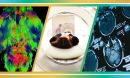 A composite image. Left image is a colorful MRI imagine of a mouse brain. Center image of a woman laying down inside of an MRI machine. Right image is a collection of images of an MRI brain scan.
