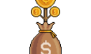 8-bit-style illustration of a money bag with coins coming out the top.