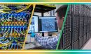 Cables connected to a glowing supercomputer, a researcher pointing at a computer monitor, and columns of supercomputer racks/cabinets.