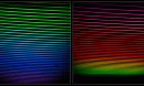 Two squares, each containing a gradient of horizontal lines against a black background. The lines on the left square transition from green at top to indigo at bottom. The right square transitions from red at top to indigo at bottom.