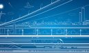 illustration showing a city skyline, bridge, airplane and power grid