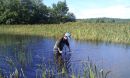 Scientist in lake collecting sediment samples in Maine