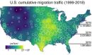 map colors indicate estimates of migration traffic