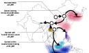 map shows the spread of rice into both northern and southern Asia