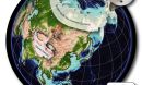 globe map showing Pliocene Tibetan fox localities, Ice Age arctic fox  and today's arctic fox.