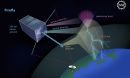 Illustration showing Firefly, a mark-carton-sized satellite, gathering data on a gamma-ray burst.