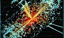 Simulated data showing protons colliding to form a Higgs boson that decays into hadrons, electrons.