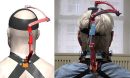 Schematic of the new robotic neck brace and a picture of a subject using the brace.