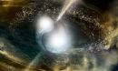 An artistâs depiction of Earth among the cosmic chaos of a collision between neutron stars.