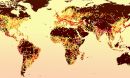 cities marked by colored dots that correspond to the intensity of their urban heat island effect