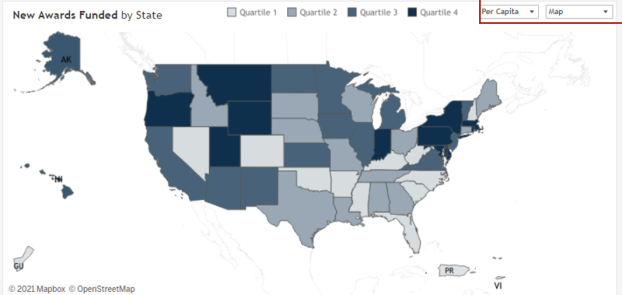 A US state map with varying shades of blue