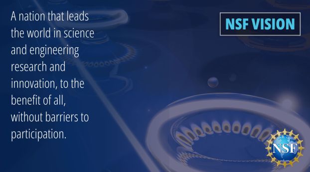 NSF vision statement background with text a nation that leads the world in science and engineering research and innovation, to the benefit of all, without barriers to participation.
