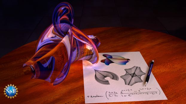 In this illustration, a sheet of paper shows sketches of one of these surfaces, called Kuen's surface, and the expression, called a soliton, which describes it.