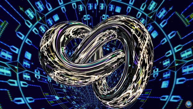 In this illustration, an object called a trefoil knot hovers amidst superconducting qubit chips.