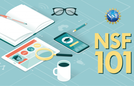 Illustration of glasses, a notebook, coffee cup and phone with 'NSF 101' headline