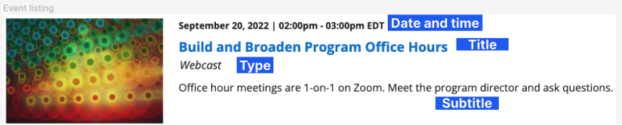 Event listing with type, date and time, title, and teaser tags