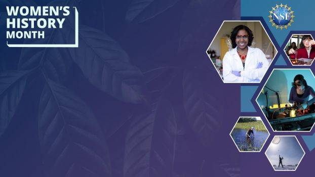 Virtual background for women's history month featuring a collage of woman scientists and a purple background 