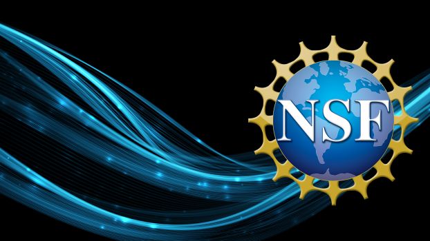 NSF logo against a black background with a swirl of blue