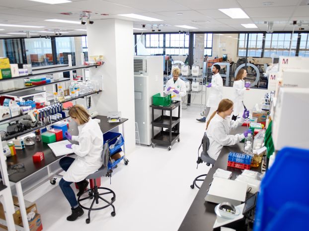 A group of researchers performing work in a laboratory